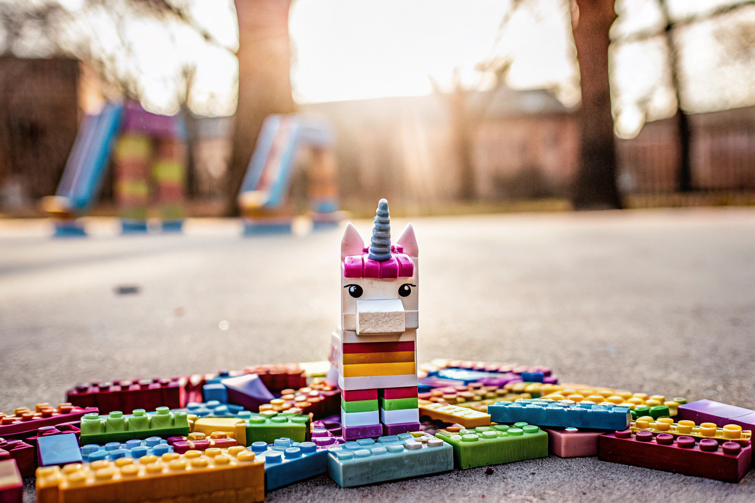 Ein Kind baut ein LEGO-Einhorn und genießt die bunten Bausteine. LEGO Einhorn Bau