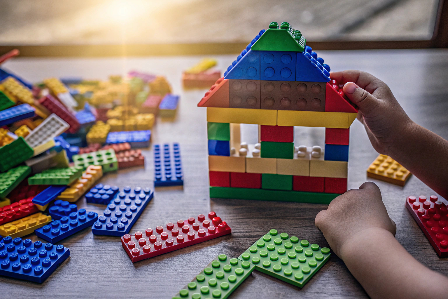 Ein Kind baut mit bunten Lego-Steinen ein Modellhaus. Kind baut mit Lego-Steinen