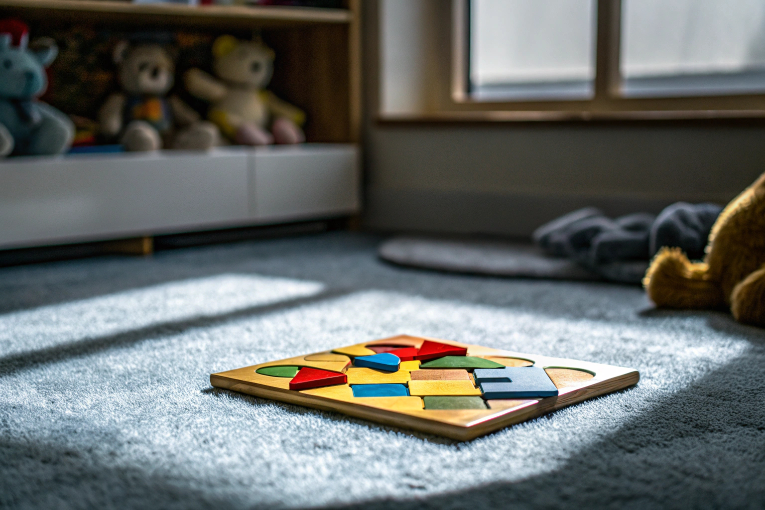 Ein Kind bewegt bunte Teile auf einem magnetischen Holzpuzzle, um Formen und Farben zu erkennen. Motorikspielzeug für Kinder