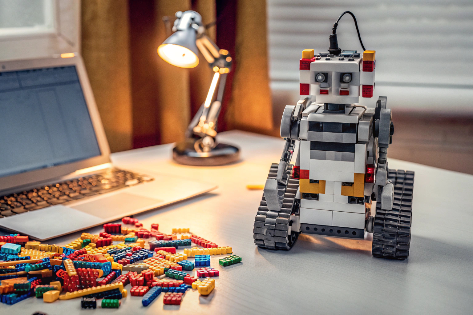 Ein Kind, das begeistert an einem LEGO Mindstorms Roboter arbeitet. Kind mit LEGO Mindstorms Roboter