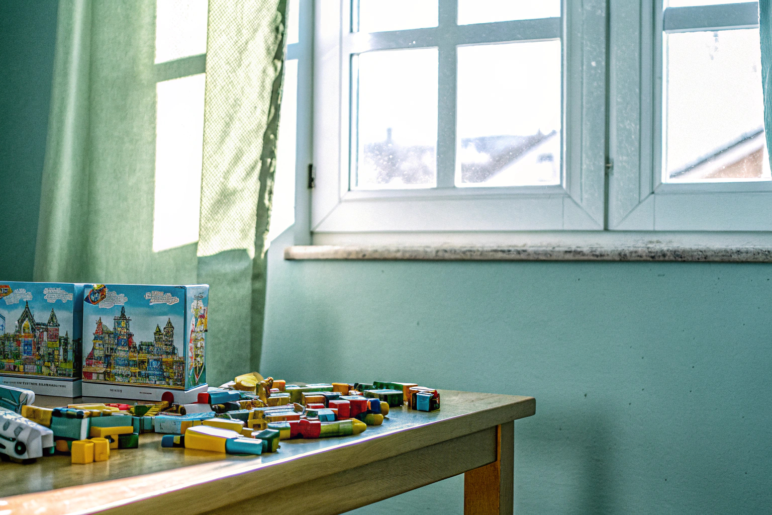 Ein Kind, das begeistert mit LEGO-Steinen baut, umgeben von verschiedenen LEGO-Sets. Kind beim LEGO-Bauen