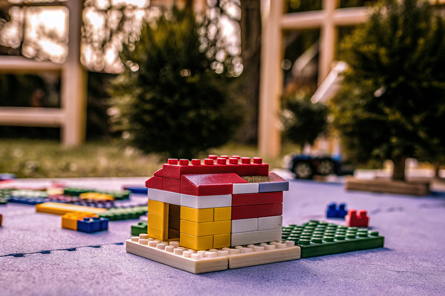 Ein Kind, das begeistert mit LEGO-Steinen ein Haus baut. Kind baut mit LEGO-Häuser-Set