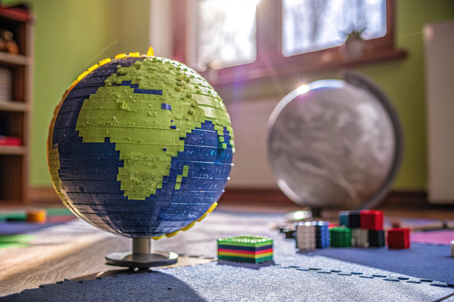 Ein Kind, das das LEGO Technic Sonne Erde Mond Modell Spielset zusammenbaut. LEGO Technic Sonne Erde Mond Modell