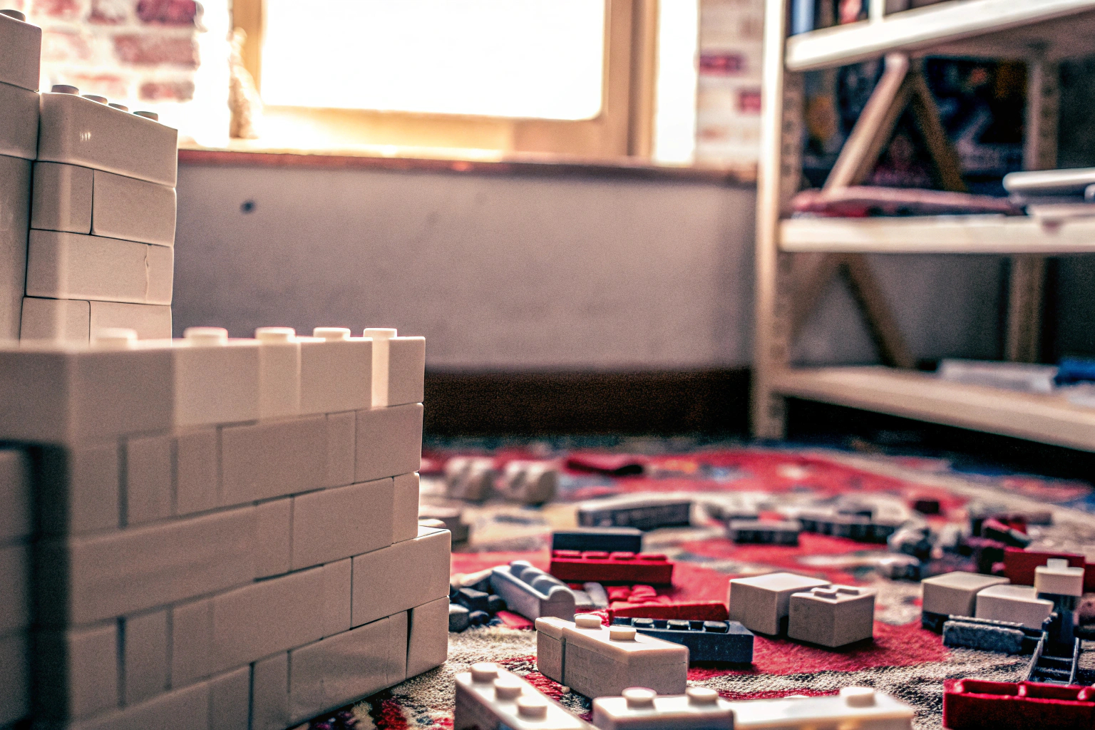 Ein Kind, das eifrig mit LEGO-Steinen baut, umgeben von verschiedenen LEGO-Sets. Kind baut mit LEGO-Steinen