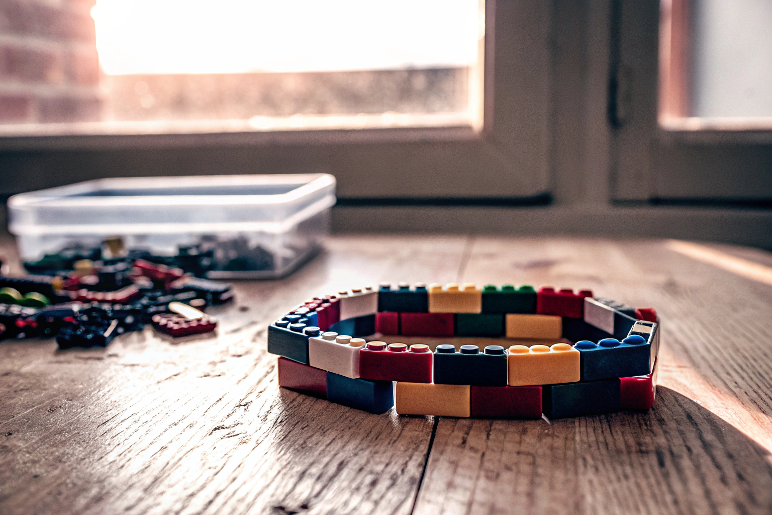 Ein Kind, das ein farbenfrohes Armband aus Lego-Steinen gestaltet. Kind gestaltet Lego-Armband
