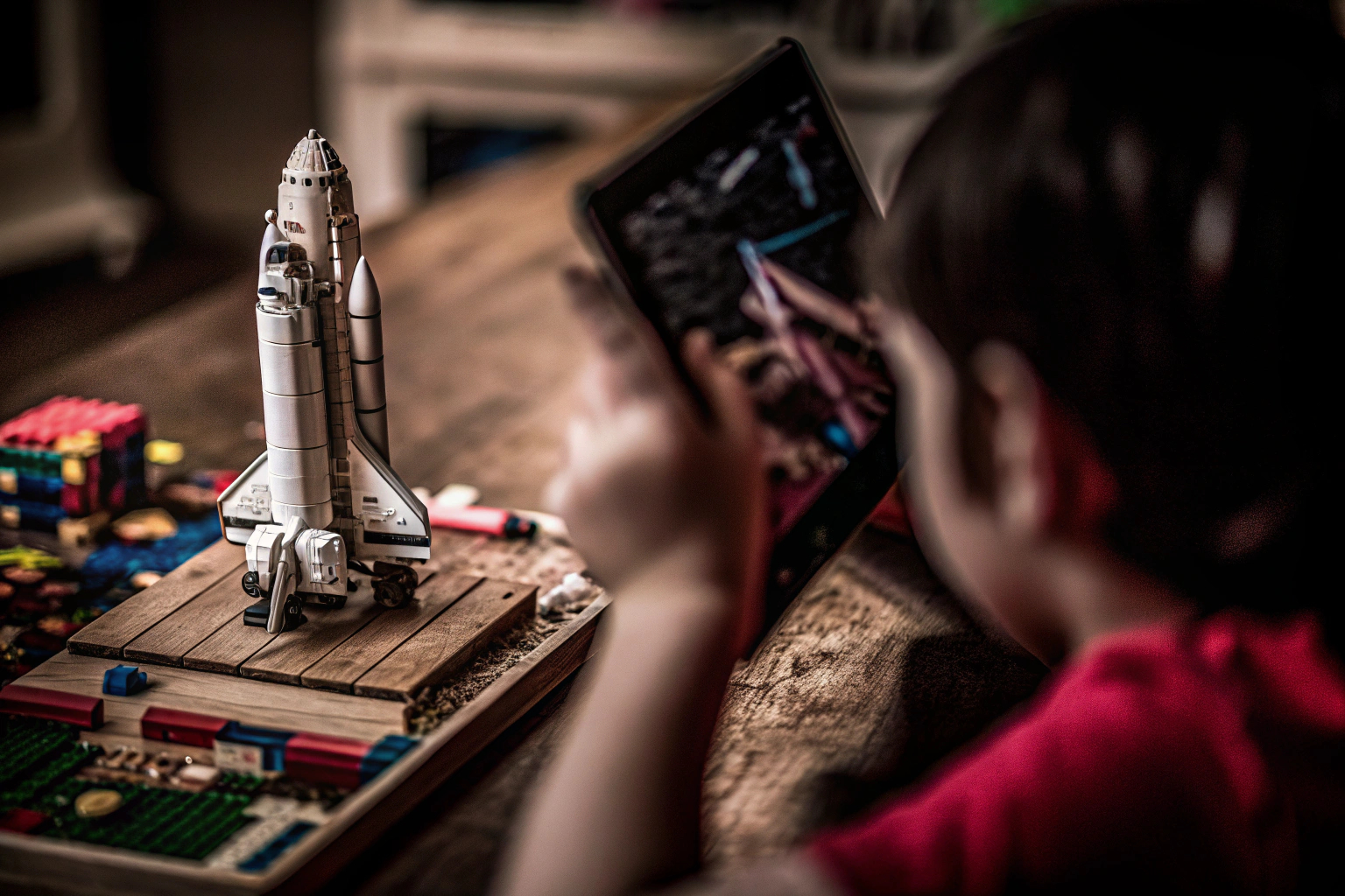 Ein Kind, das ein LEGO Spaceshuttle zusammenbaut, mit einem Tablet daneben, auf dem die LEGO Builder App geöffnet ist. LEGO Spaceshuttle Bau mit App