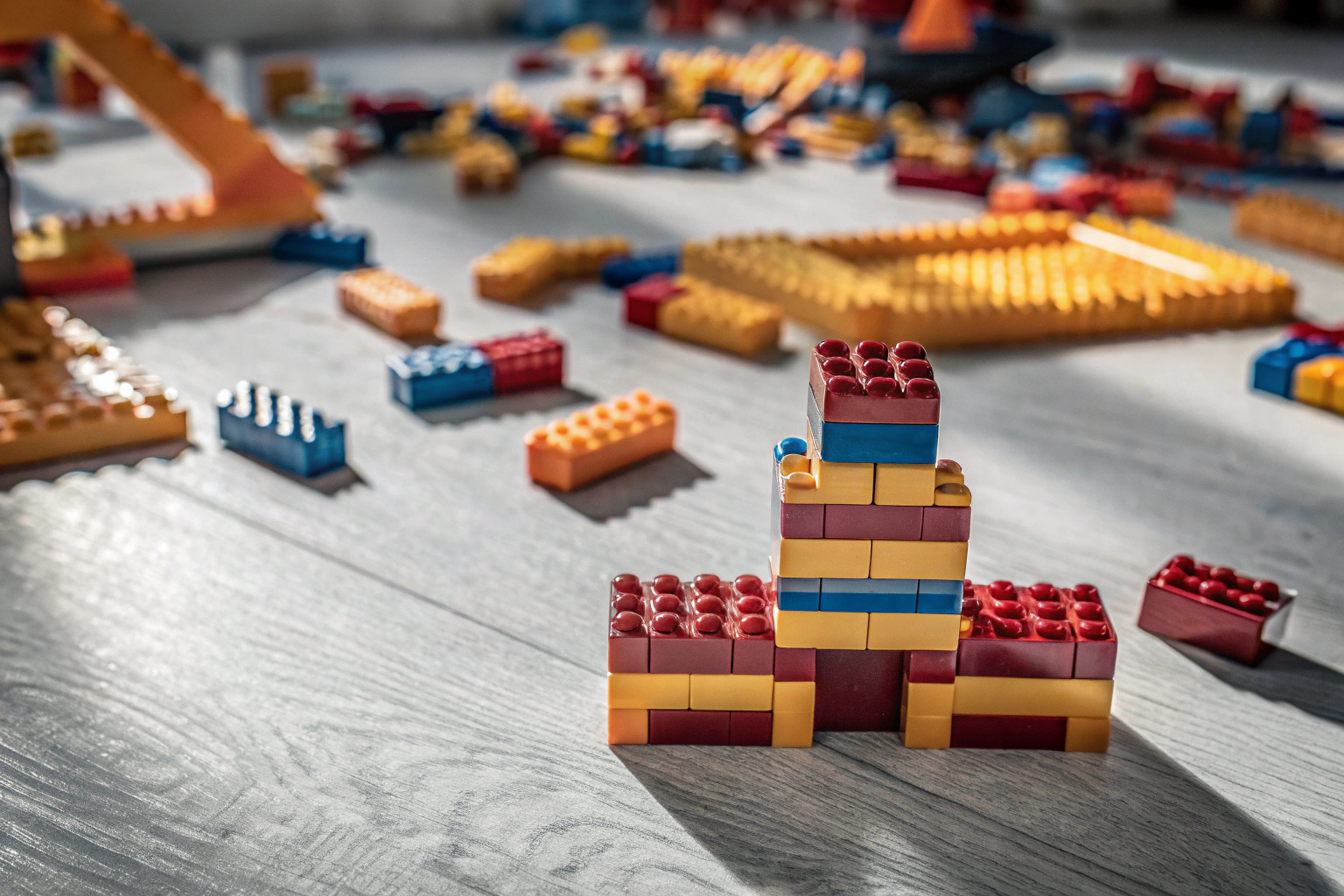 Ein Kind, das konzentriert ein LEGO Set zusammenbaut, umgeben von verschiedenen LEGO Steinen. Kind baut LEGO Set