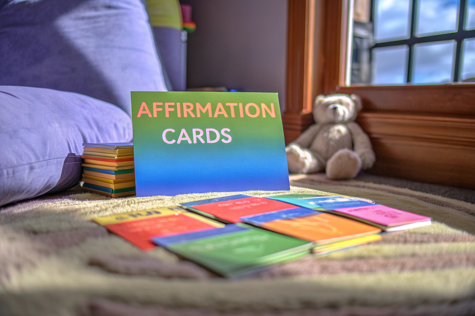 Ein Kind, das mit Affirmationskarten spielt und die positiven Botschaften liest. Kind mit Affirmationskarten