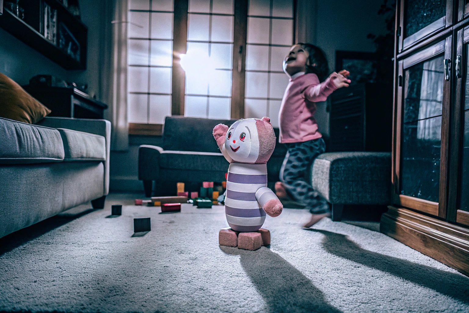 Ein Kind, das mit dem Electric Caterpillar Dance Toy spielt und dabei lacht. Kind spielt mit Electric Caterpillar Dance Toy