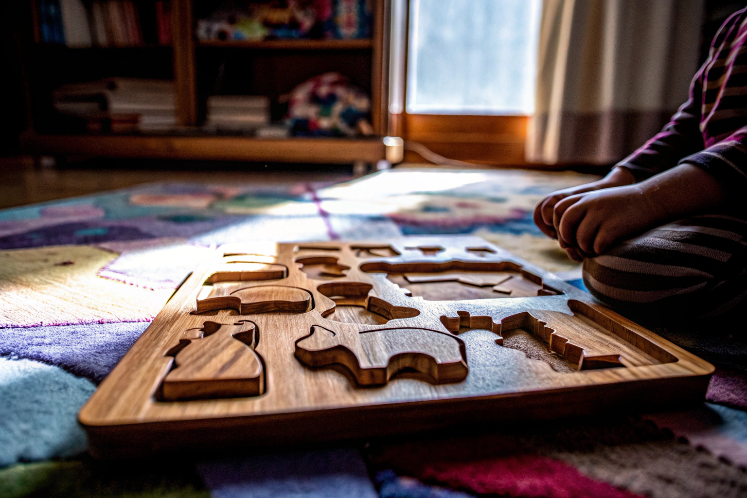 Ein Kind, das mit dem Jojoin Holzpuzzle eine kreative Tiergeschichte erstellt. Kind erstellt kreative Geschichte mit Holzpuzzle