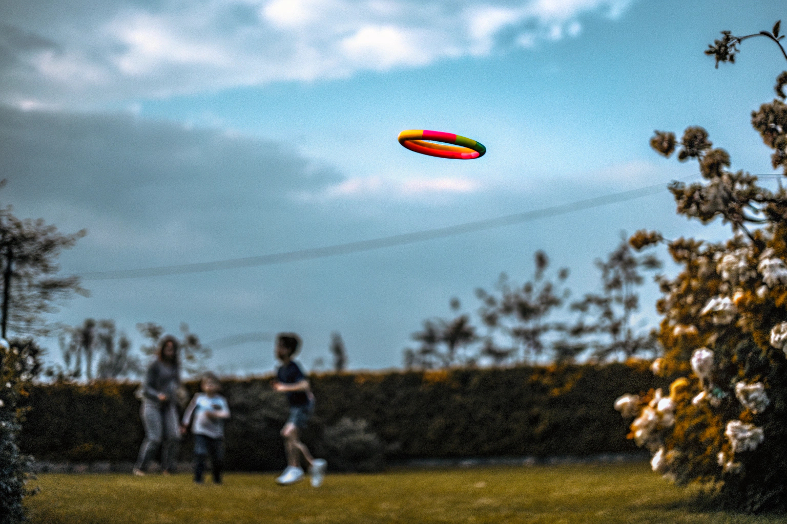 Ein Kind, das mit einem hochwertigen Frisbee im Garten spielt, umgeben von Freunden und Familie. Kind spielt mit hochwertigem Frisbee