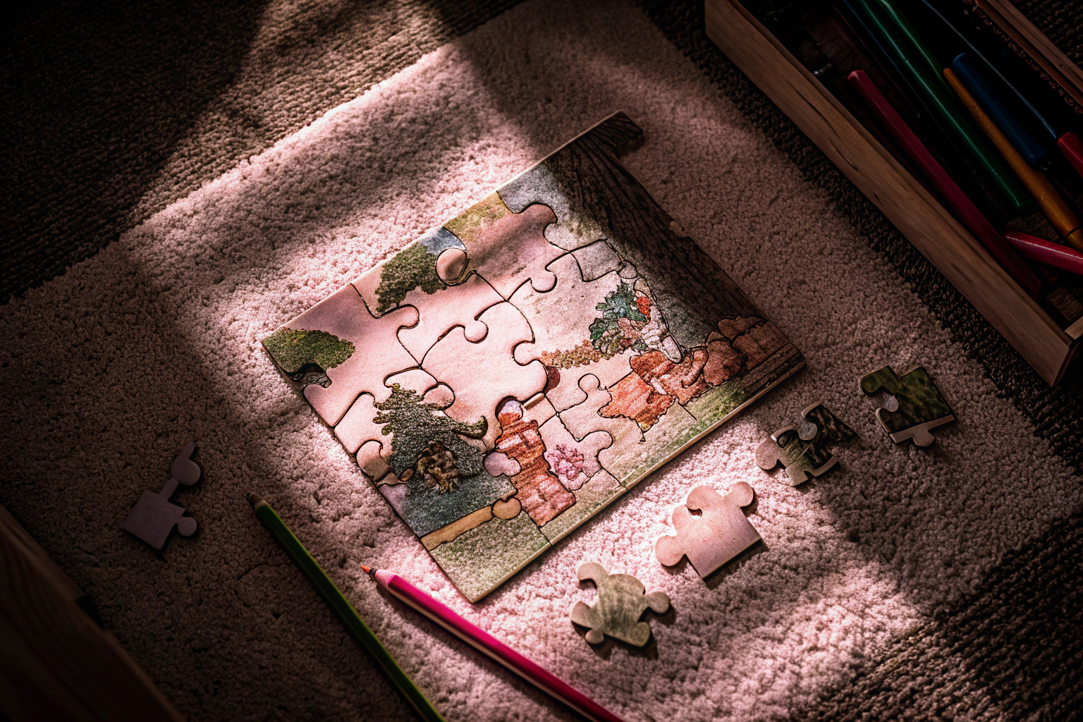 Ein Kind, das mit einem Holzpuzzle spielt und dabei Tiermuster zusammenfügt. Kind spielt mit Holzpuzzle