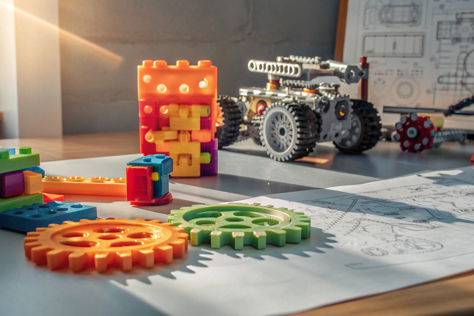 Ein Kind, das mit einem Konstruktionsspielzeug von MOONTOY spielt und ein Modell zusammenbaut. Kind baut mit MOONTOY Konstruktionsspielzeug