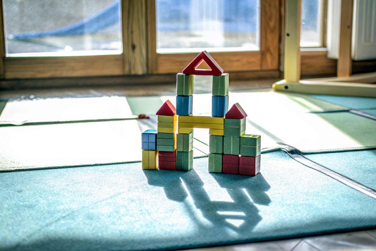 Ein Kind, das mit einem kreativen Baukasten spielt, umgeben von bunten Bausteinen. Kind spielt mit buntem Baukasten