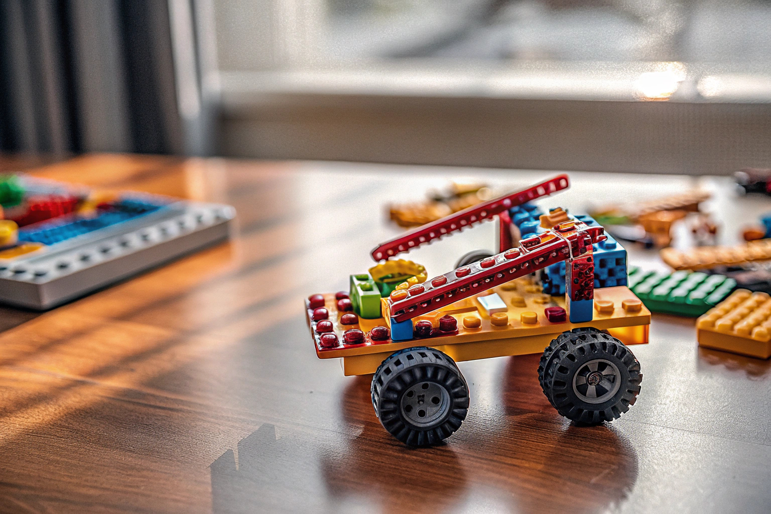 Ein Kind, das mit einem LEGO Technic Set spielt und eine Baumaschine baut. Kind spielt mit LEGO Technic