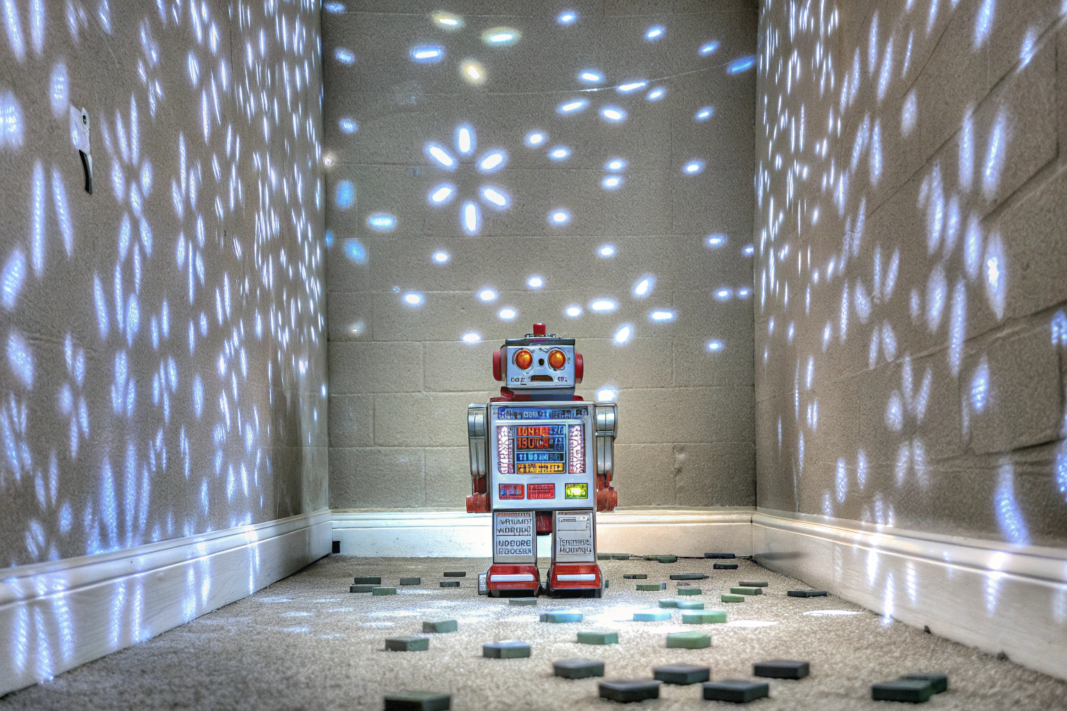 Ein Kind, das mit einem Roboter-Spielzeug spielt, der Lichter projiziert. Kind spielt mit Roboter-Spielzeug
