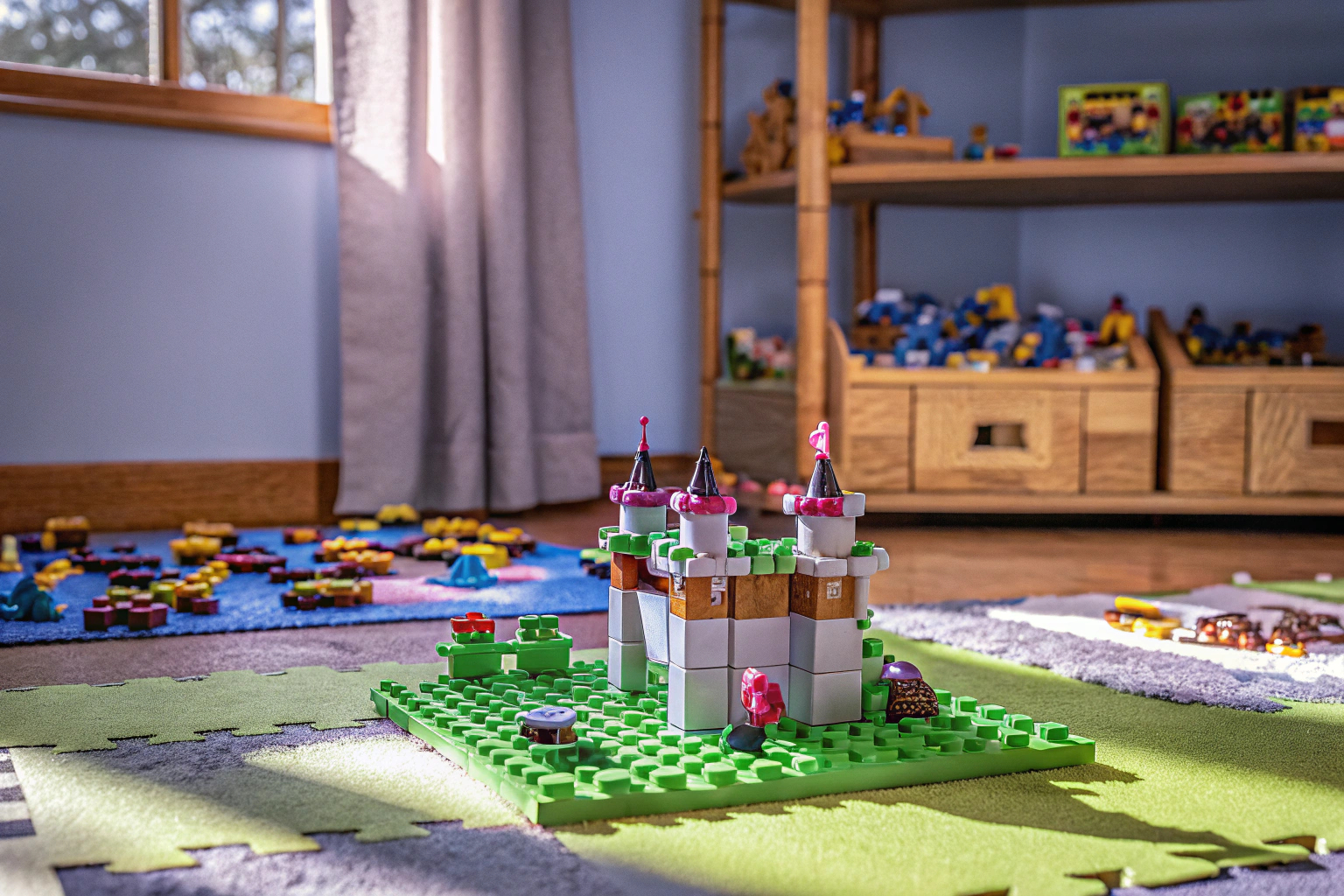 Ein Kind, das mit einem umweltfreundlichen LEGO-Set spielt, das aus pflanzlichen Materialien hergestellt ist. Kind mit umweltfreundlichem LEGO-Set