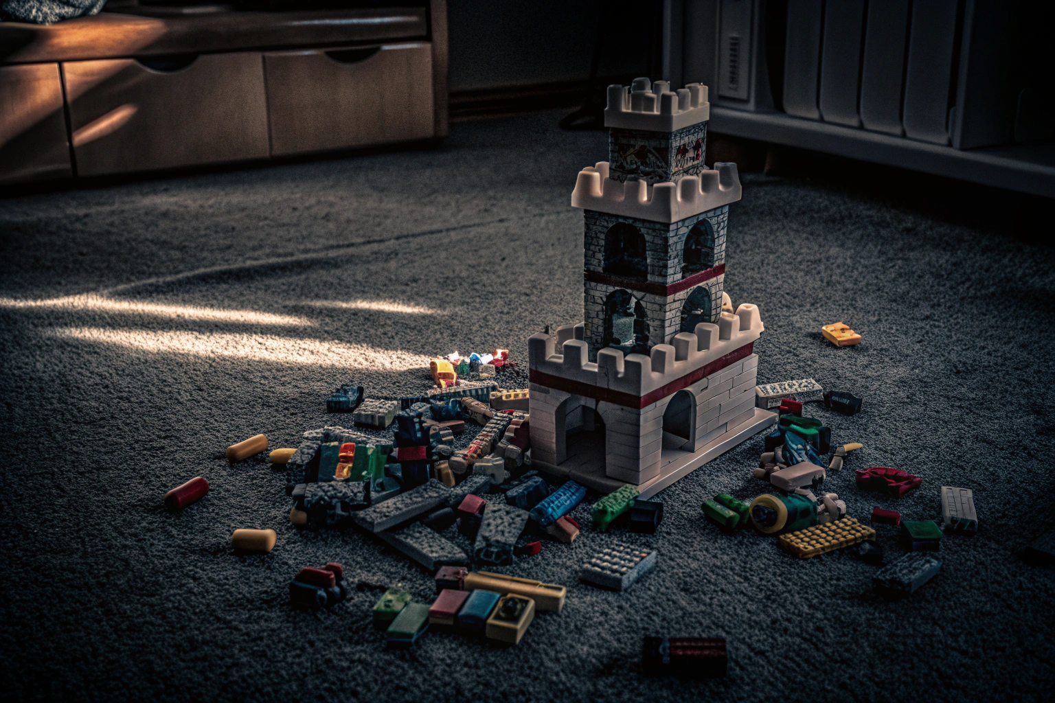 Ein Kind, das mit LEGO-Steinen spielt und ein kreatives Bauwerk erschafft. Kind spielt mit LEGO