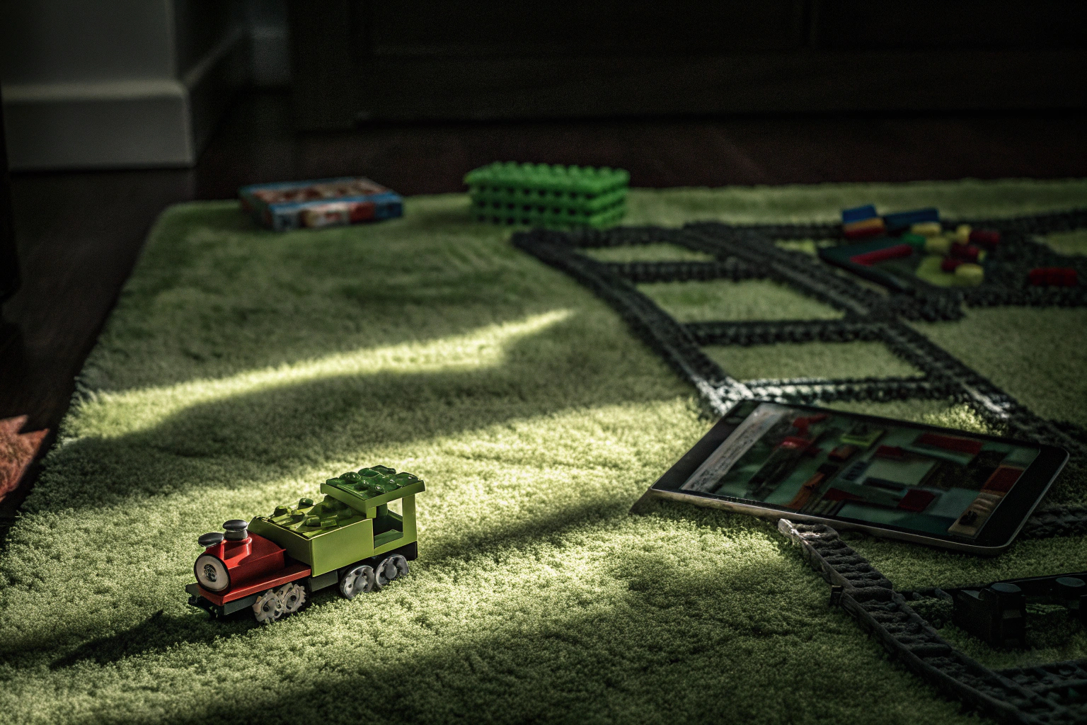 Ein Kind sitzt auf dem Boden und spielt mit einem LEGO Zugset, während es eine App verwendet. Kind spielt mit LEGO Zug und App