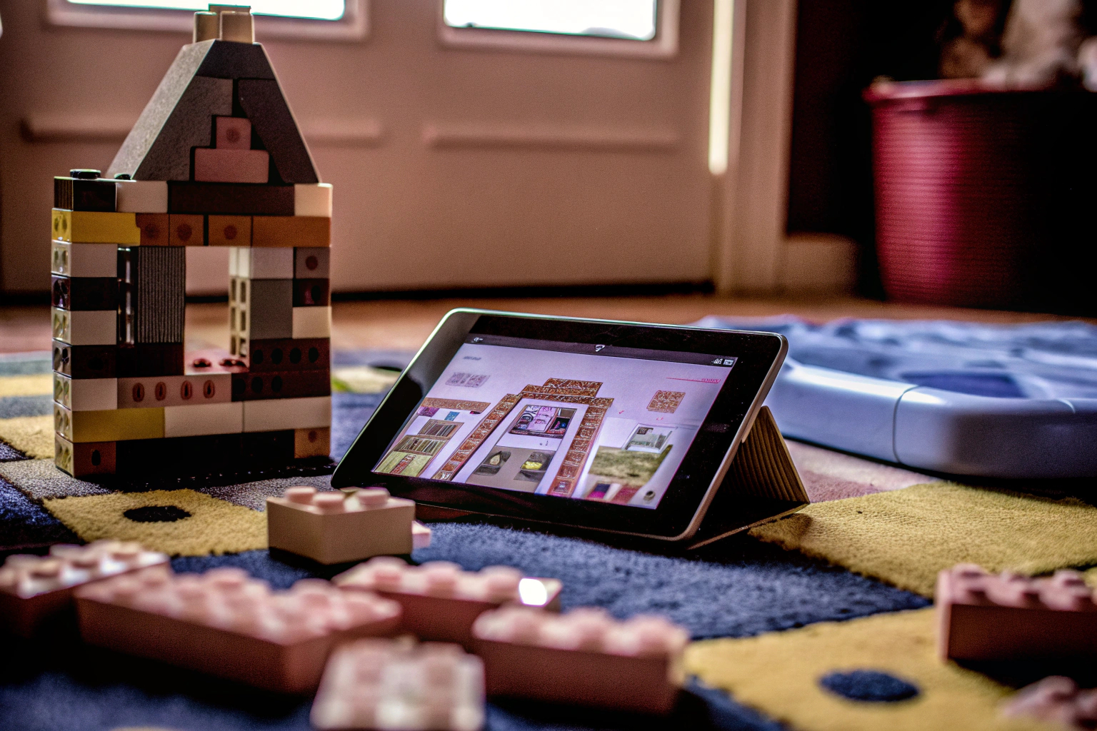 Ein Kind spielt begeistert mit LEGO® DUPLO® Steinen und nutzt eine App auf einem Tablet. Kind spielt mit LEGO DUPLO und Tablet