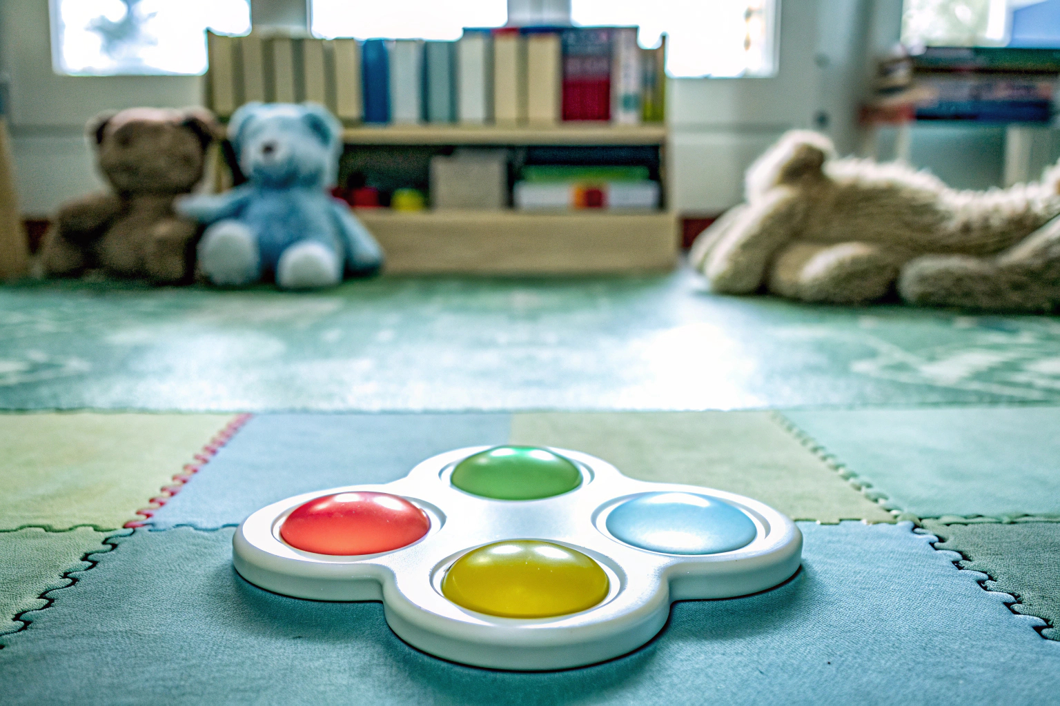 Ein Kind spielt das Hasbro elektronisches Merkspiel und versucht, die Lichterfolge zu wiederholen. Kind spielt elektronisches Merkspiel