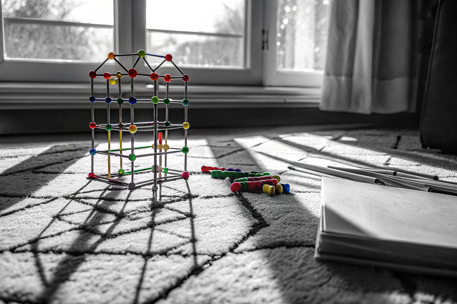 Ein Kind spielt mit bunten Bausteinen auf dem Boden, während es eine komplexe Struktur baut. Kind spielt mit bunten Bausteinen