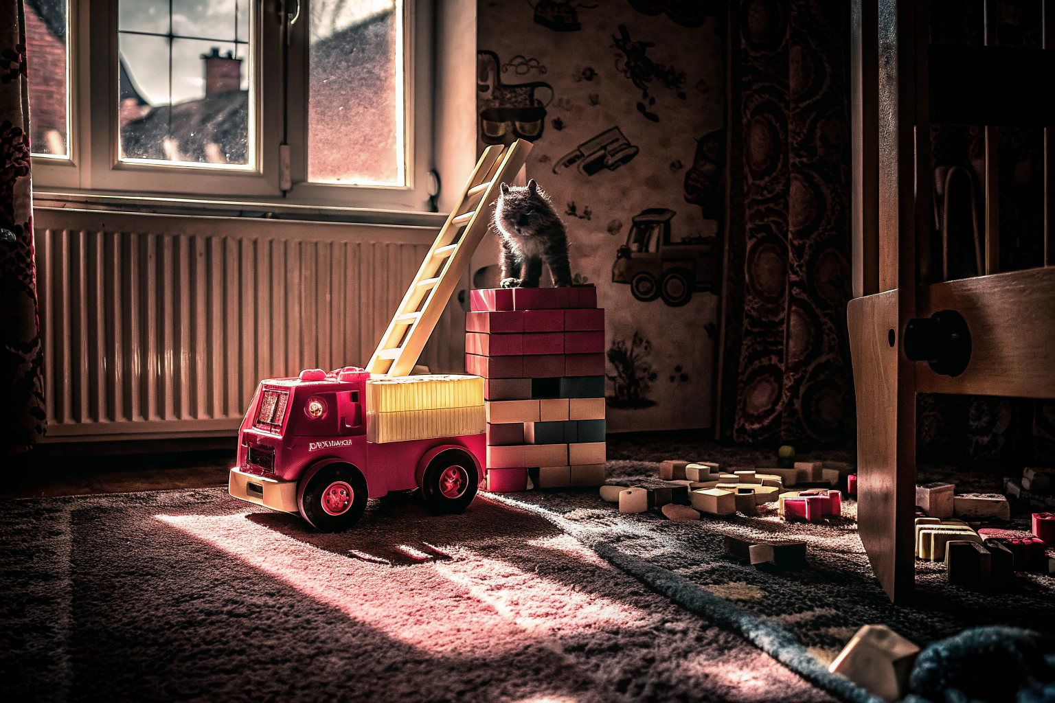 Ein Kind spielt mit dem LEGO DUPLO Feuerwehrauto und rettet eine Katze. LEGO DUPLO Feuerwehrauto