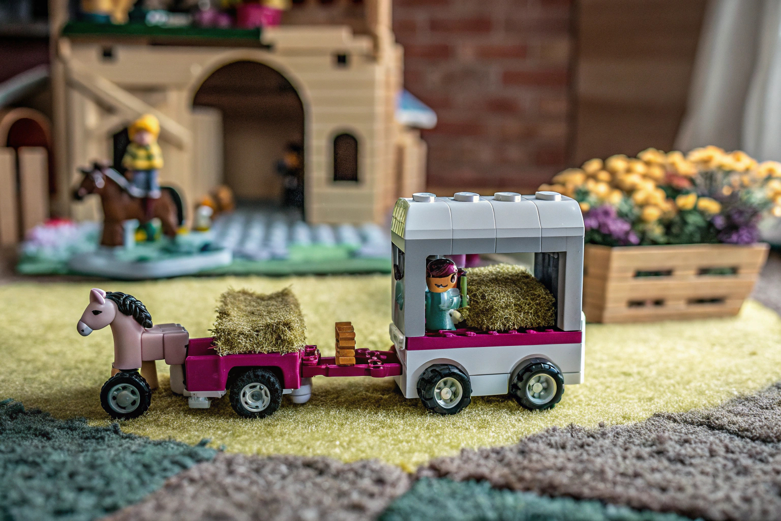 Ein Kind spielt mit dem LEGO Friends Pferde- und Pony-Anhänger Set. LEGO Friends Pferde- und Pony-Anhänger im Spiel