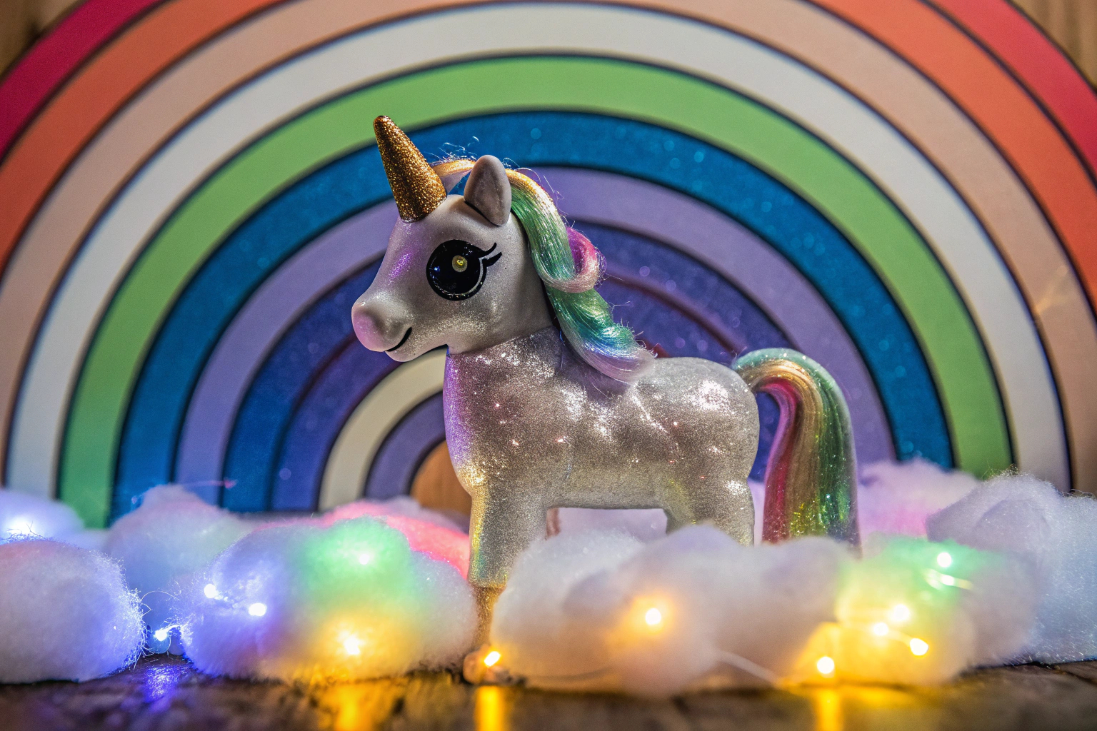 Ein Kind spielt mit dem Unicorn Academy Licht-Magie Wildstar, umgeben von Regenbogenlichtern und zauberhaften Geräuschen. Kind spielt mit Unicorn Academy Licht-Magie Wildstar