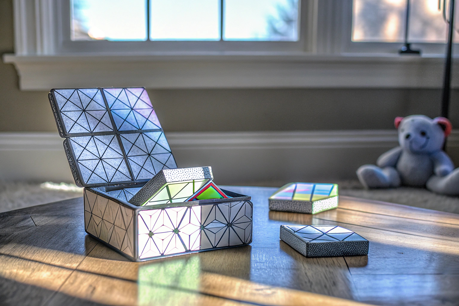 Ein Kind spielt mit der Shashibo Formwechsel-Box und erschafft verschiedene Formen und Figuren. Kind spielt mit der Shashibo Formwechsel-Box