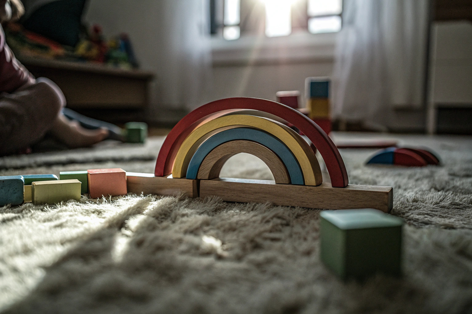 Ein Kind spielt mit einem bunten Montessori-Holzspielzeug. Kind mit Montessori-Spielzeug