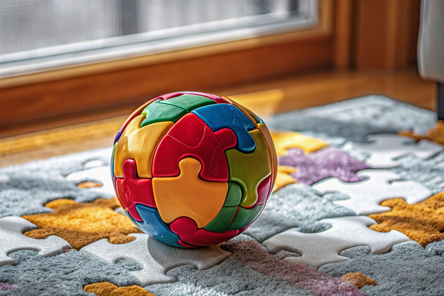 Ein Kind spielt mit einem farbenfrohen 3D Puzzleball auf dem Teppich. Kind spielt mit 3D Puzzleball