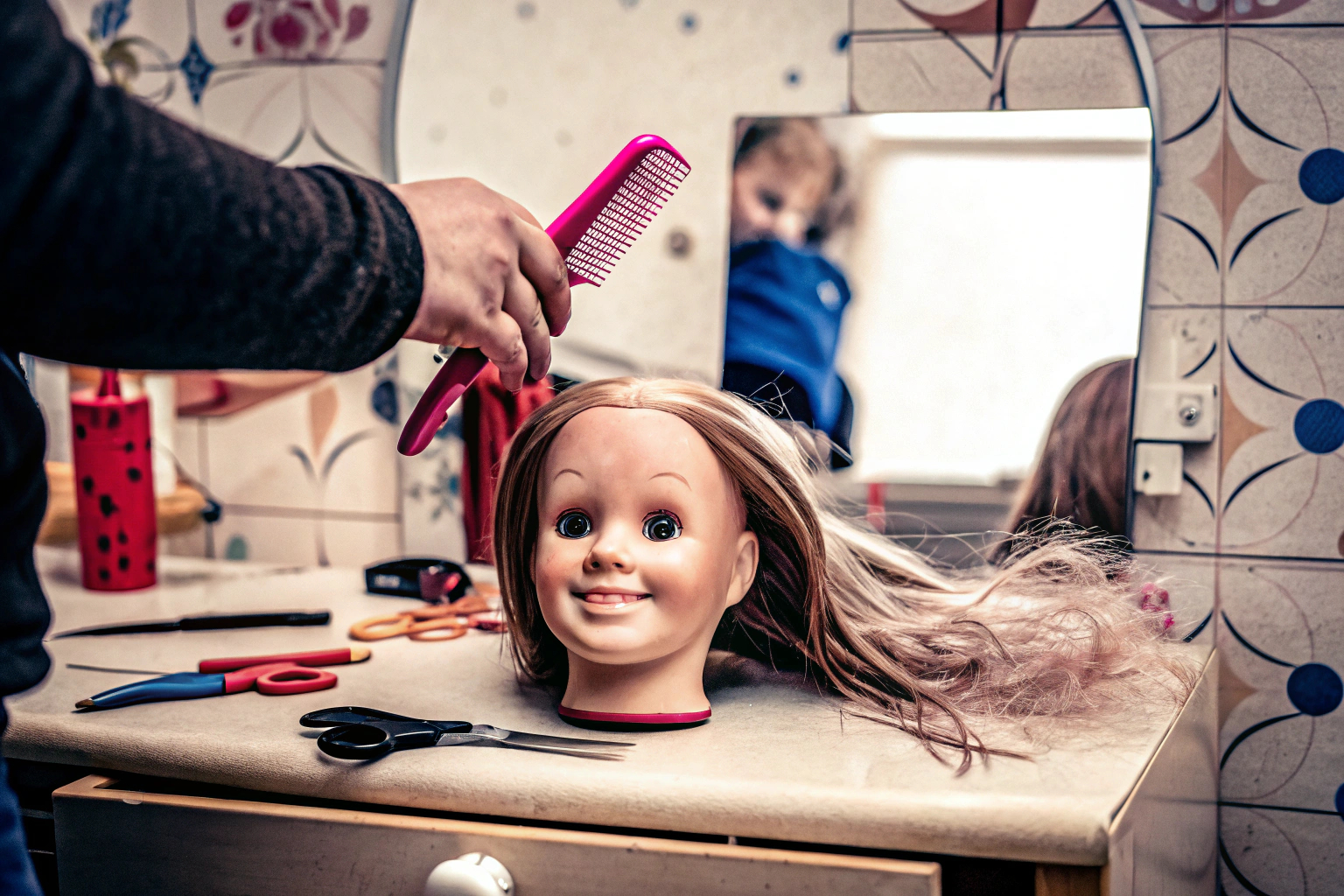 Ein Kind spielt mit einem Friseur-Spielset und kämmt die Haare eines Puppenkopfs. Kind mit Friseur-Spielset