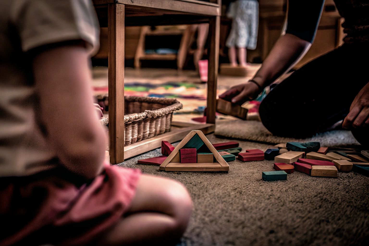 Ein Kind spielt mit einem Montessori-Spielzeug, umgeben von bunten Formen und Teilen. Kind spielt mit Montessori-Spielzeug