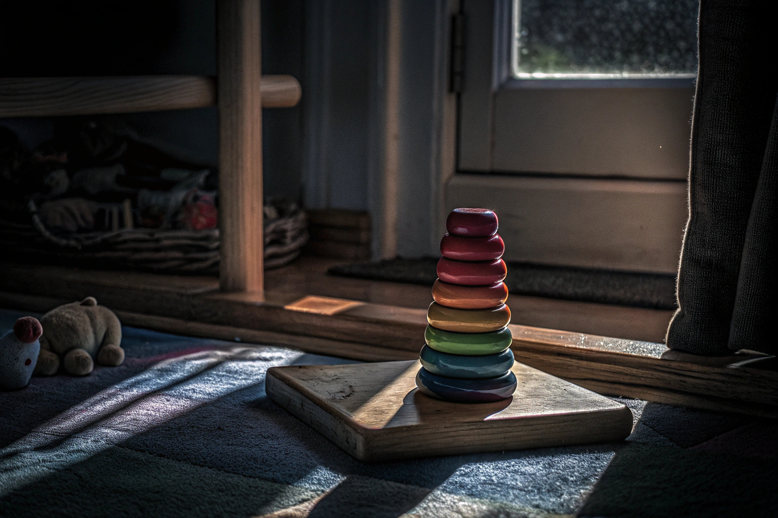Ein Kind spielt mit einem Stapelspielzeug aus Holz, das die Feinmotorik und die Farberkennung fördert. Kind spielt mit Holzstapelspielzeug