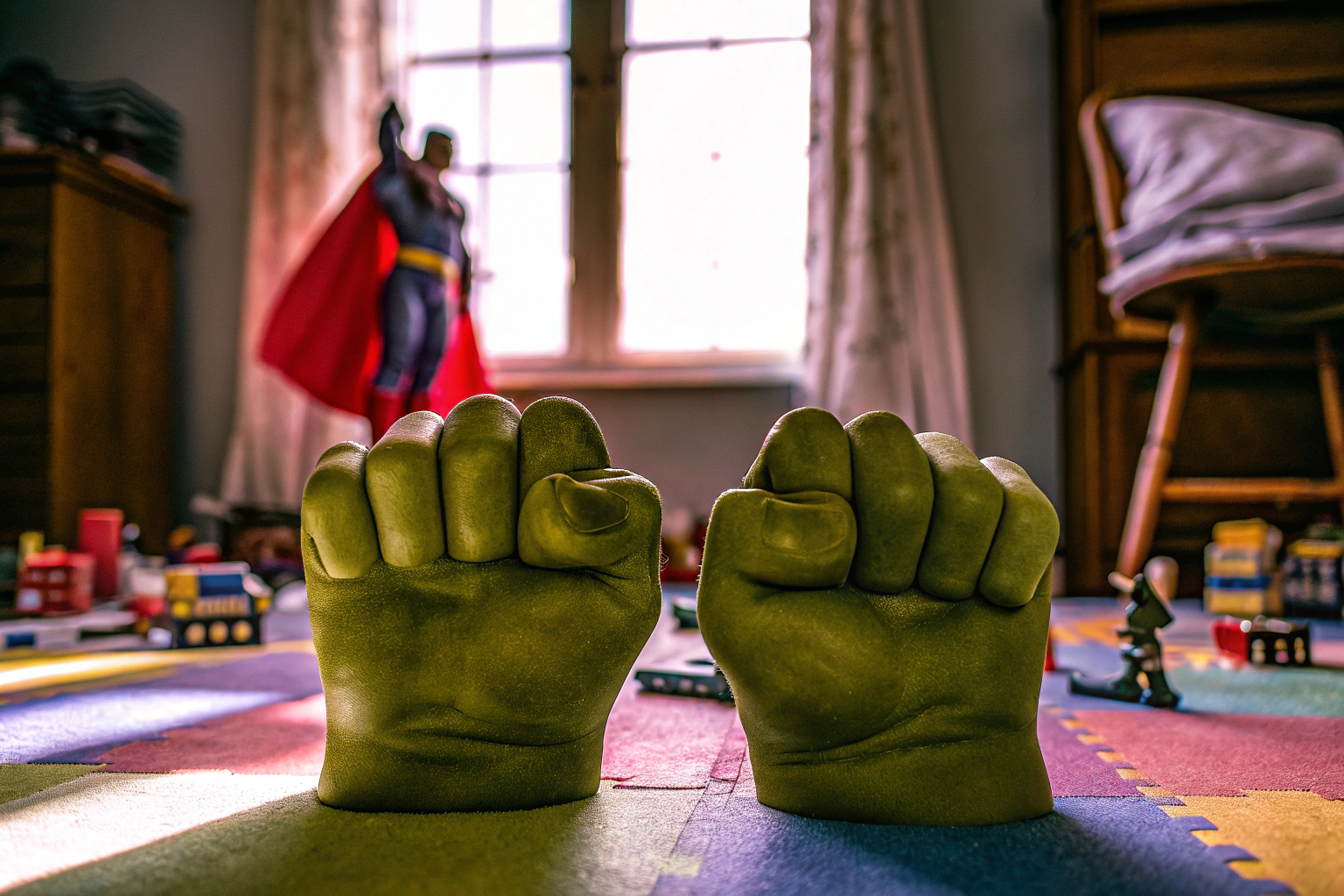 Ein Kind spielt mit Hulk-Fäusten aus Schaumstoff und posiert als Superheld. Kind mit Hulk-Fäusten
