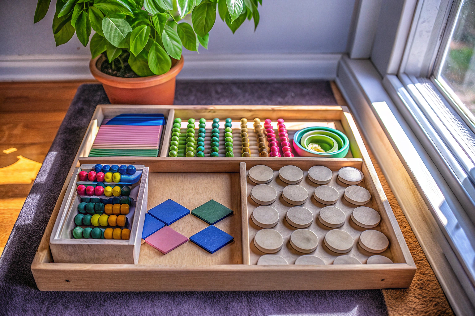 Ein Kind spielt mit Montessori-Materialien, die auf einem Aktionstablett angeordnet sind. Kind spielt mit Montessori-Materialien