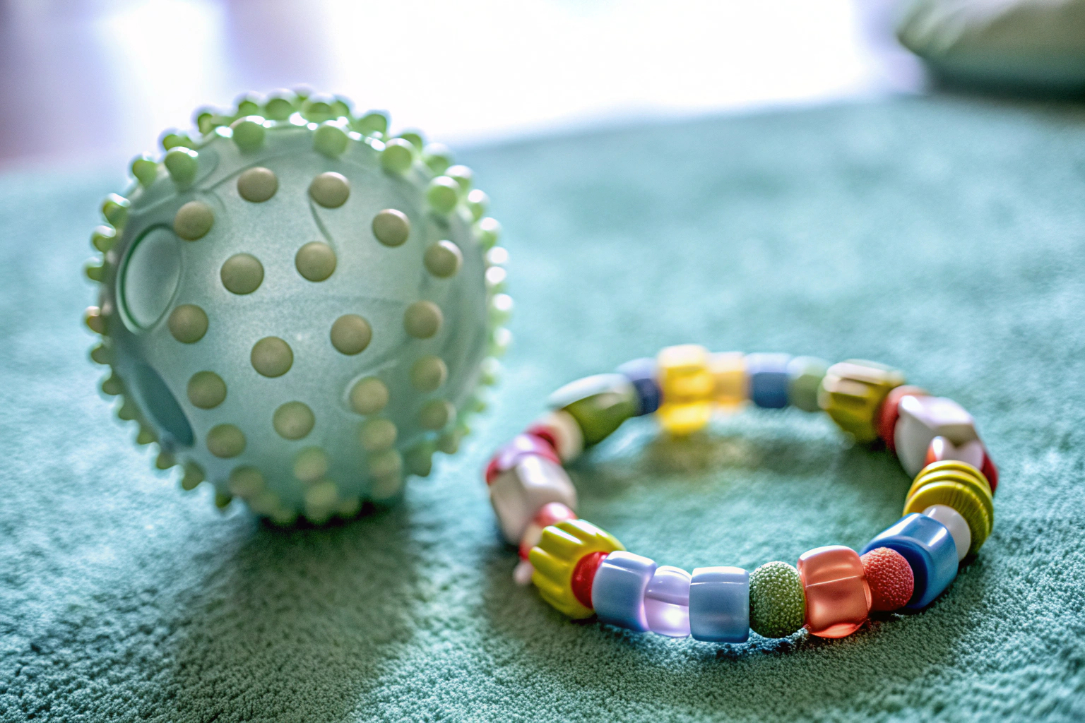 Ein Kind trägt ein buntes Zappelarmband und spielt damit. Kind mit Zappelarmband