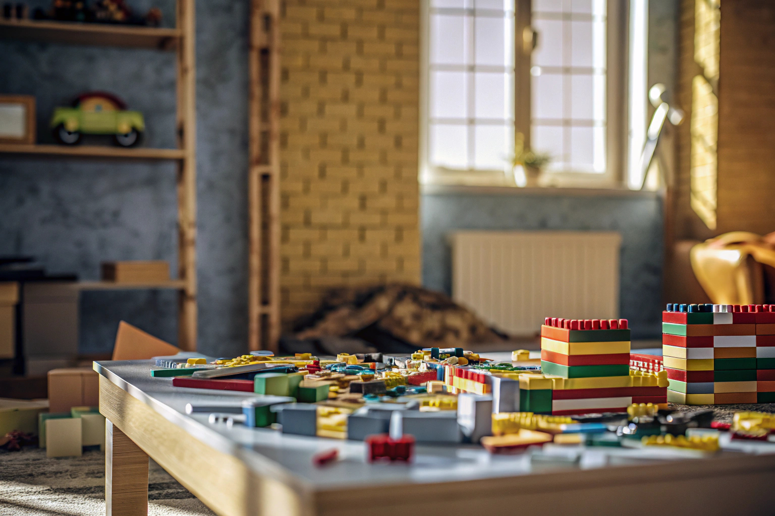 Ein Kind und ein Erwachsener, die gemeinsam an einem Lego-Projekt arbeiten, um die generationsübergreifende Anziehungskraft von LEGO zu zeigen. Kind und Erwachsener beim Lego-Bauen