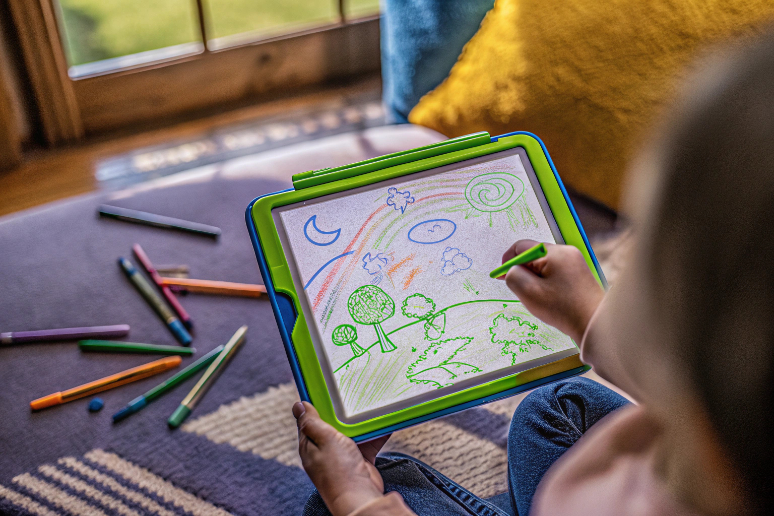 Ein Kind verwendet die LCD Schreibtafel zum Zeichnen und Malen. Die farbenfrohe Darstellung zeigt die Kreativität der Kinder. Kind malt auf LCD Schreibtafel
