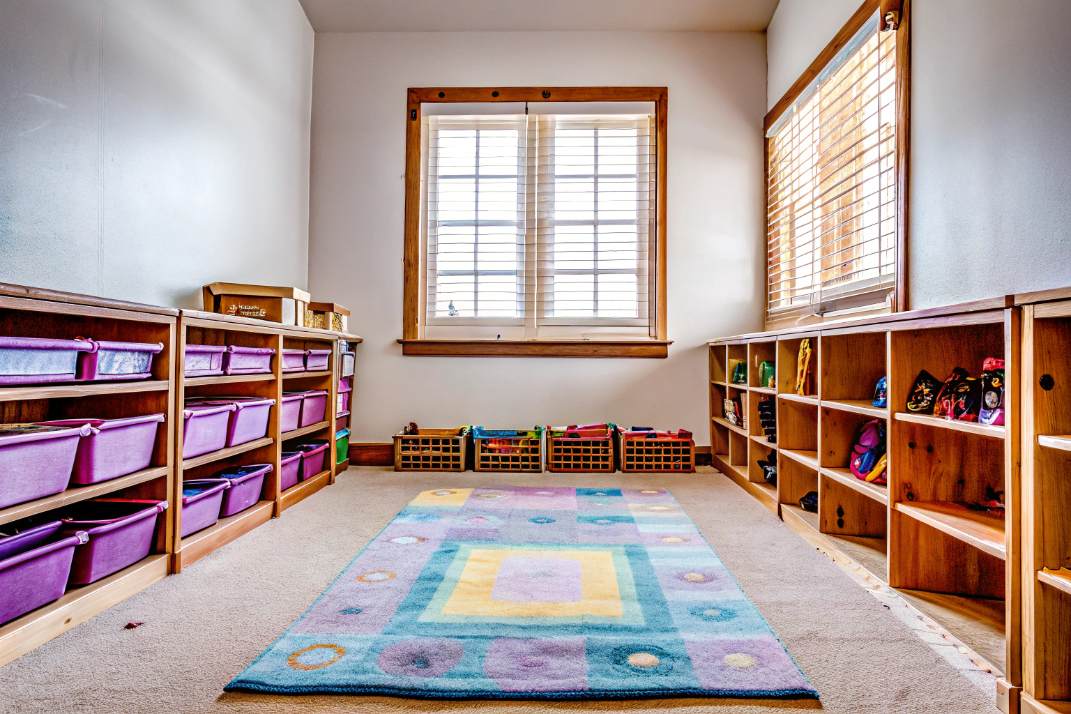 Ein Kinderzimmer mit gut organisierten Spielzeugboxen und einem aufgeräumten Spielbereich. Aufgeräumtes Kinderzimmer mit Spielzeugboxen