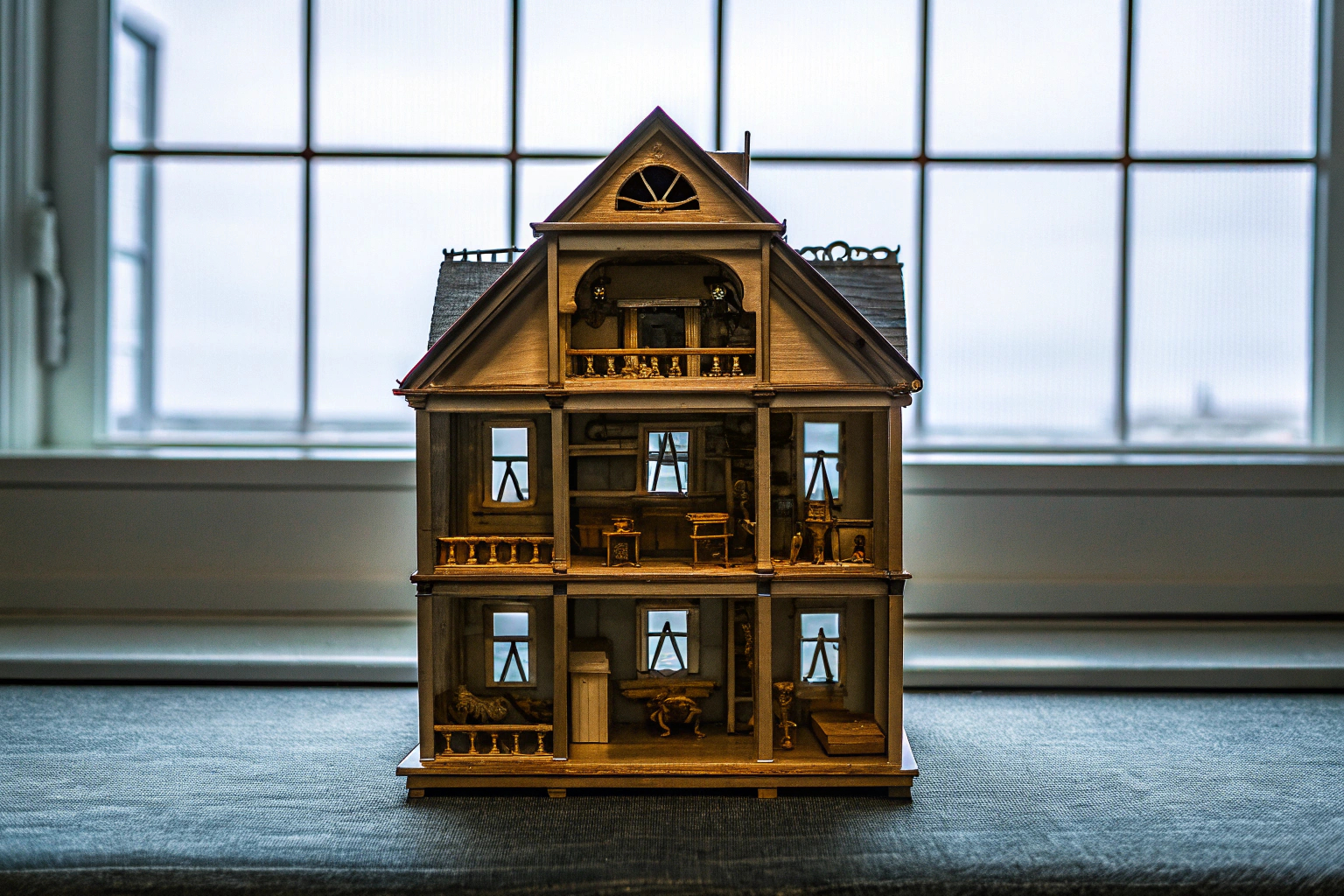 Ein klassisches Puppenhaus aus Naturholz mit mehreren Etagen und liebevollen Details. Klassisches Puppenhaus aus Holz