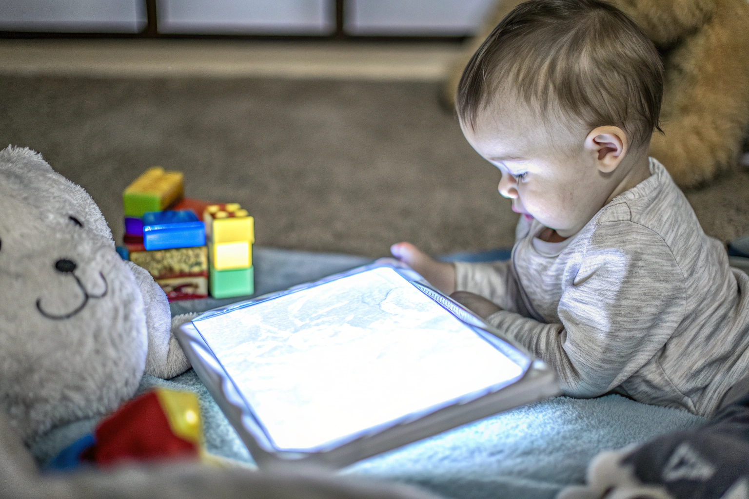 Ein Kleinkind, das mit einem interaktiven Lern-Tablet spielt, ideal zum Lernen von Buchstaben und Farben. Fisher-Price Smart Stages Tablet