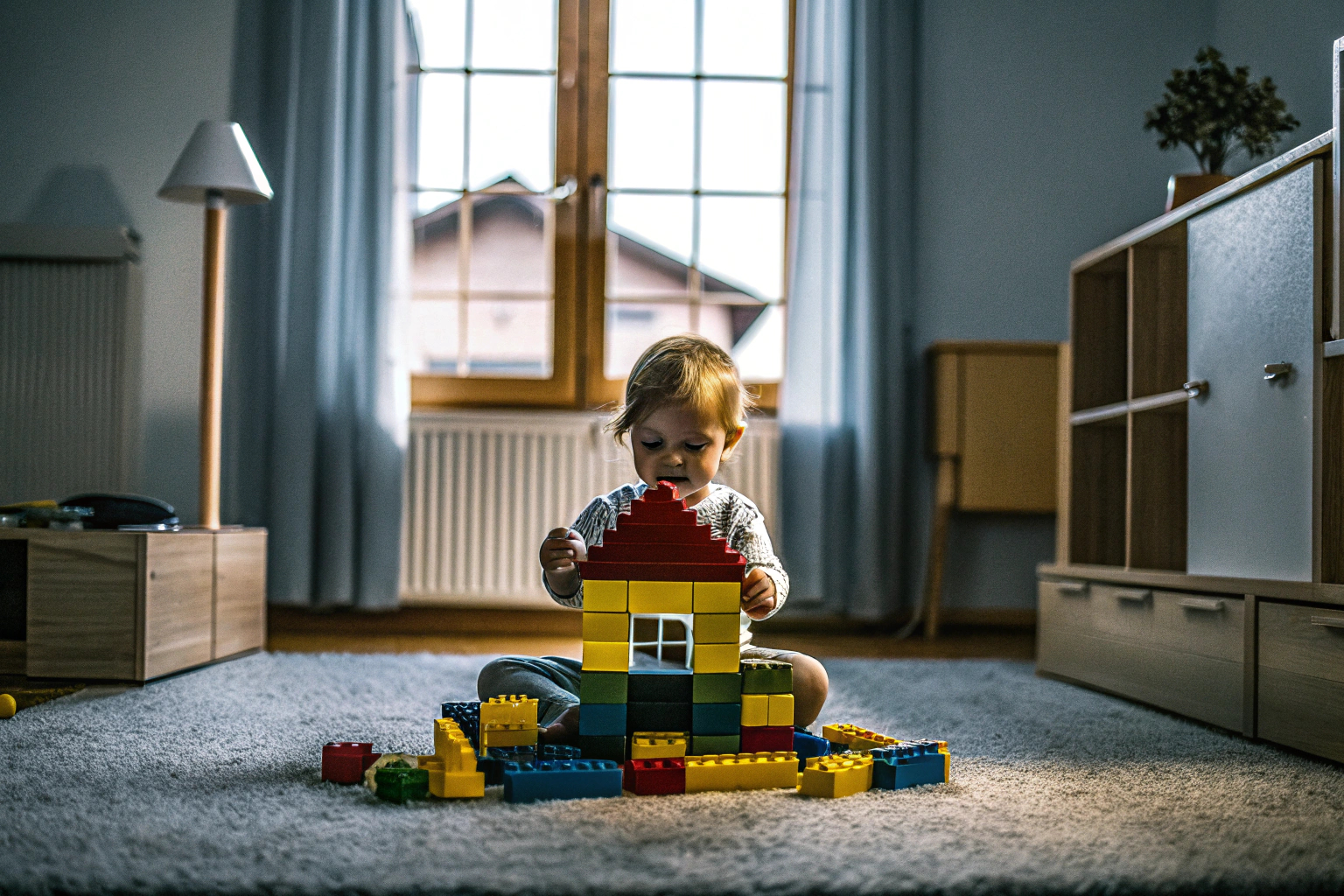 Ein Kleinkind spielt mit der LEGO DUPLO Classic Steinebox und baut ein einfaches Haus. Kleinkind spielt mit LEGO DUPLO