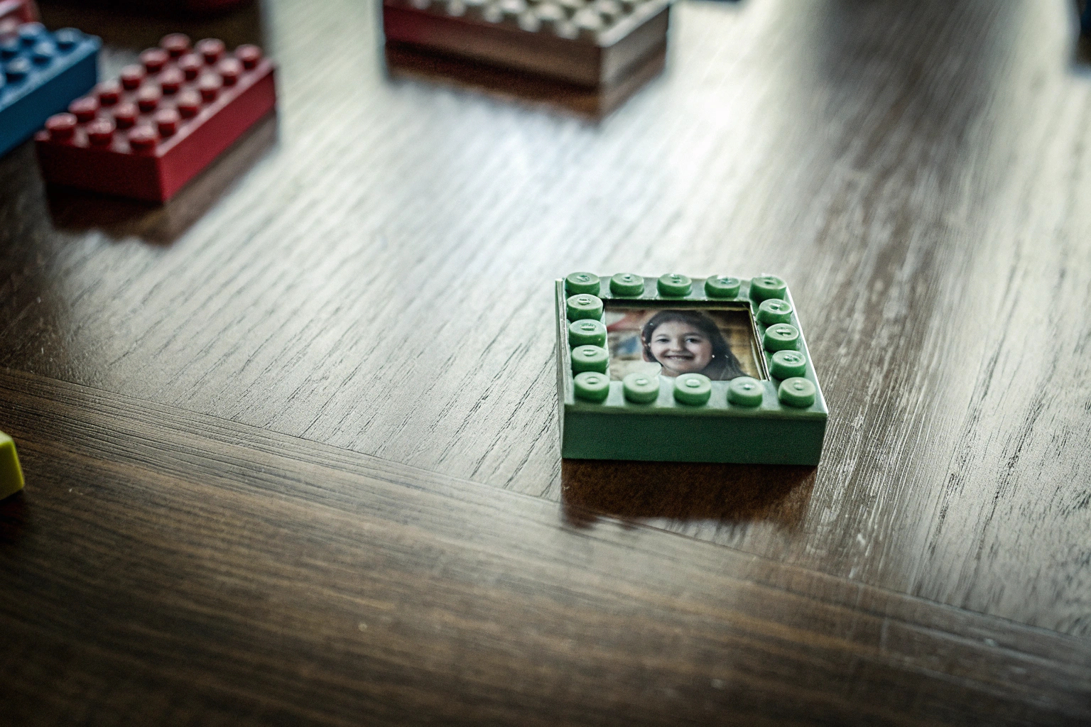 Ein LEGO-Baustein mit einem personalisierten Foto, das als dekoratives Element verwendet wird. Personalisierter LEGO-Baustein mit Foto