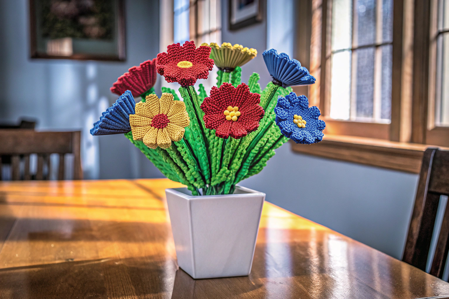 Ein LEGO Blumenstrauß in einer modernen Vase auf einem Esstisch. LEGO Blumenstrauß