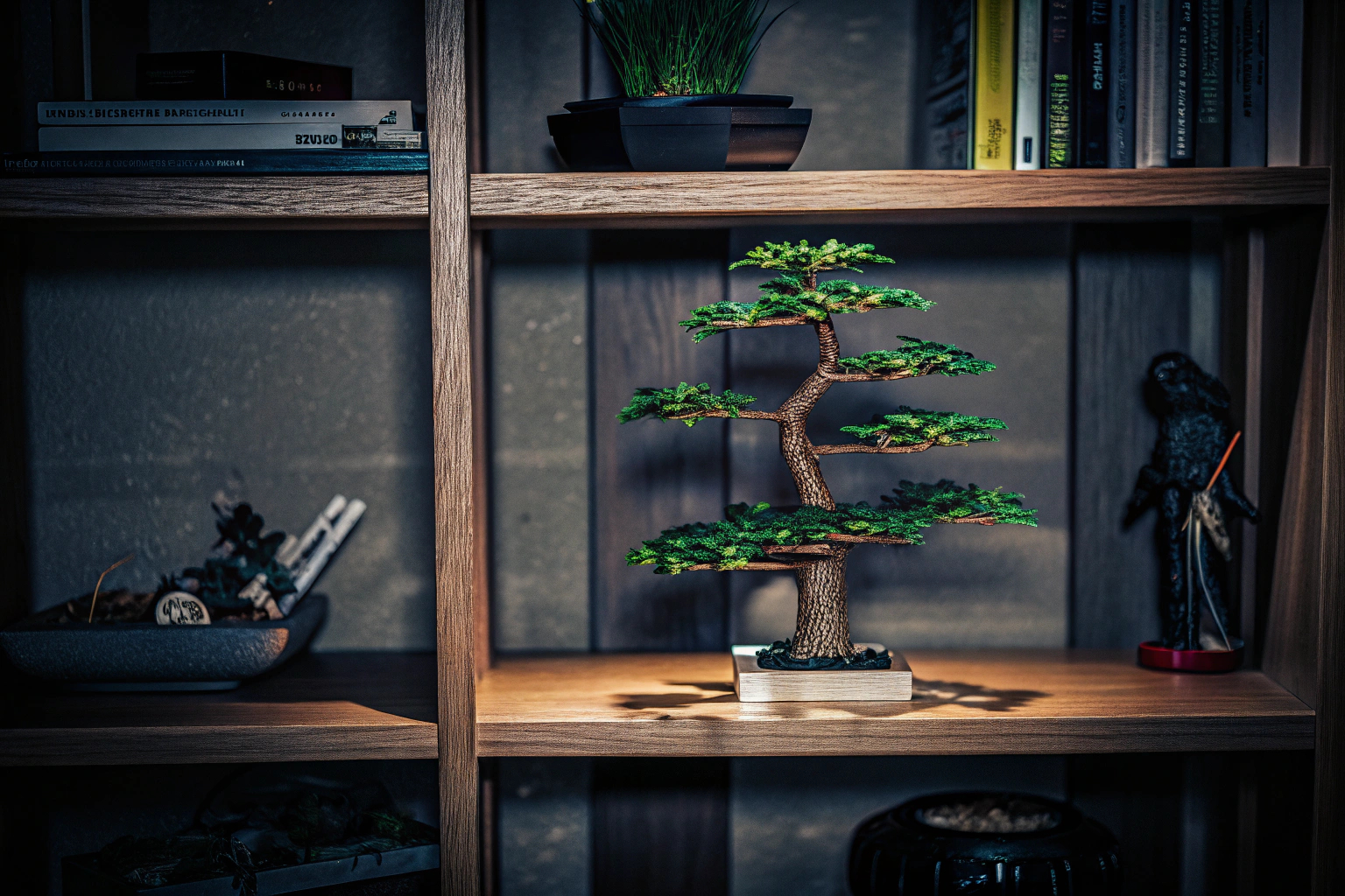 Ein LEGO Bonsai Baum auf einem Regal, umgeben von anderen dekorativen Elementen. LEGO Bonsai Baum als Dekoration