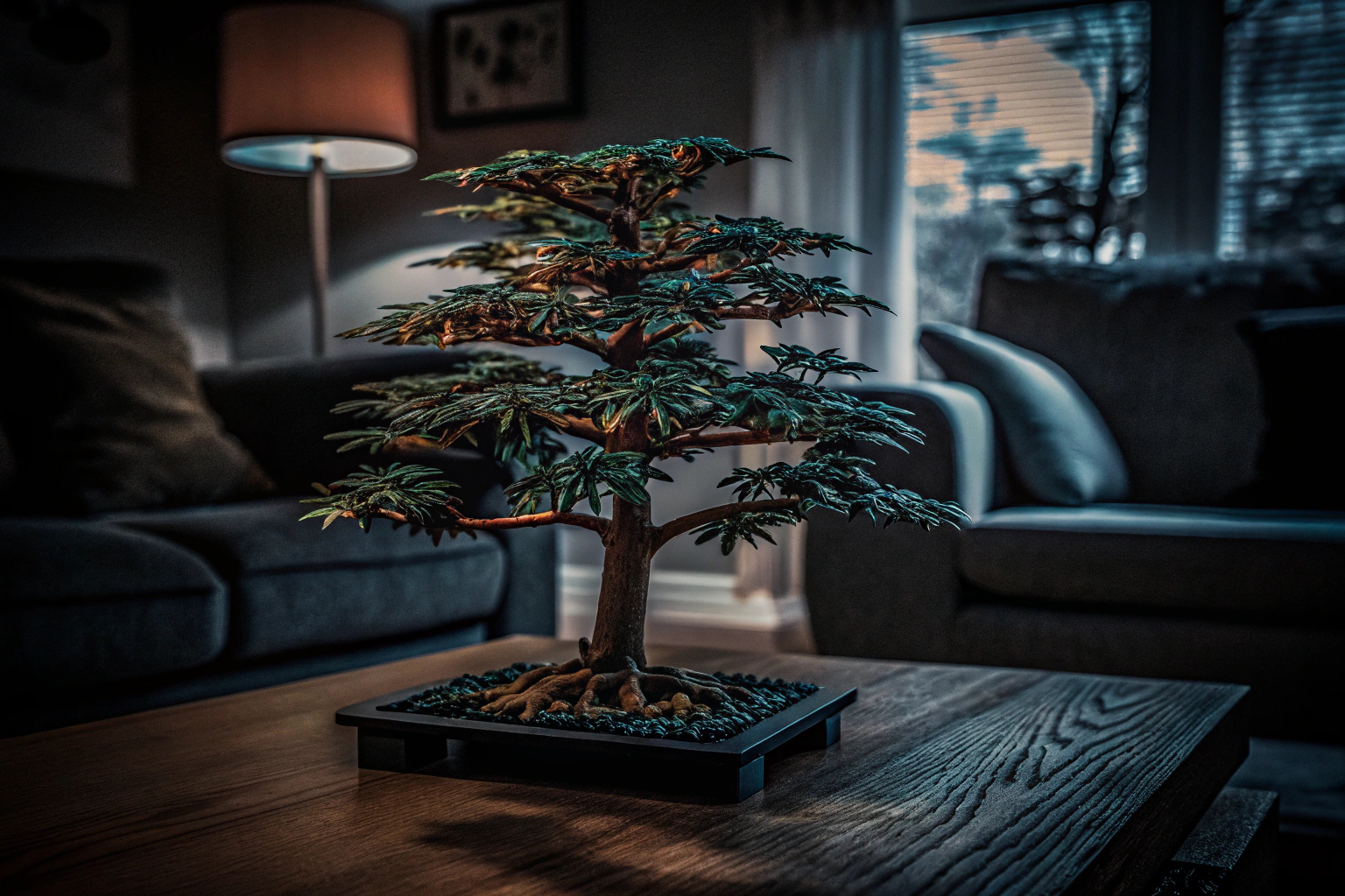Ein LEGO Bonsai Baum in einem Wohnzimmer als dekorativer Blickfang. LEGO Bonsai Baum Dekoration