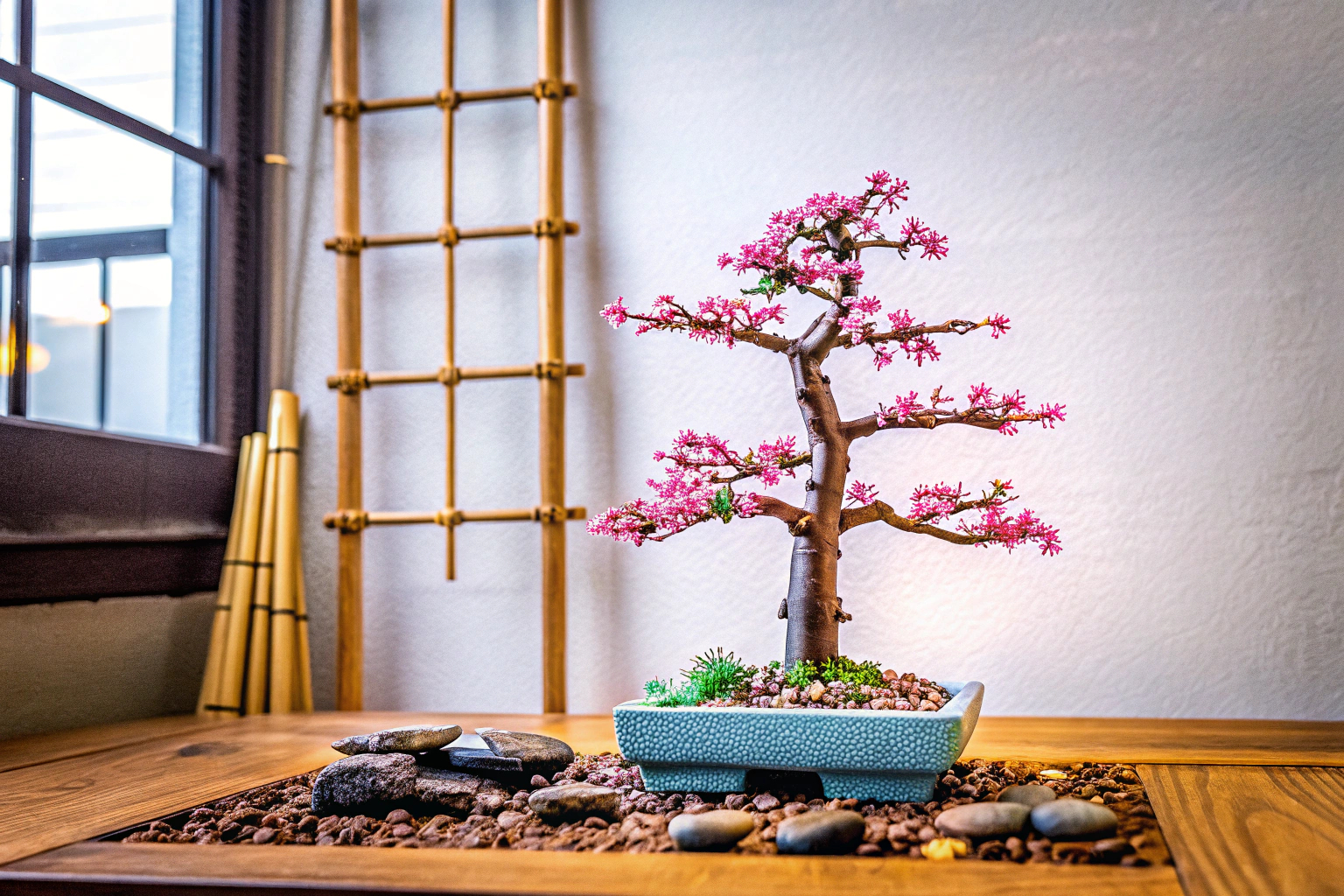 Ein LEGO Bonsai Baum mit rosa Blüten auf einem Tisch, umgeben von anderen Zen-Dekorationselementen. LEGO Bonsai Baum mit rosa Blüten