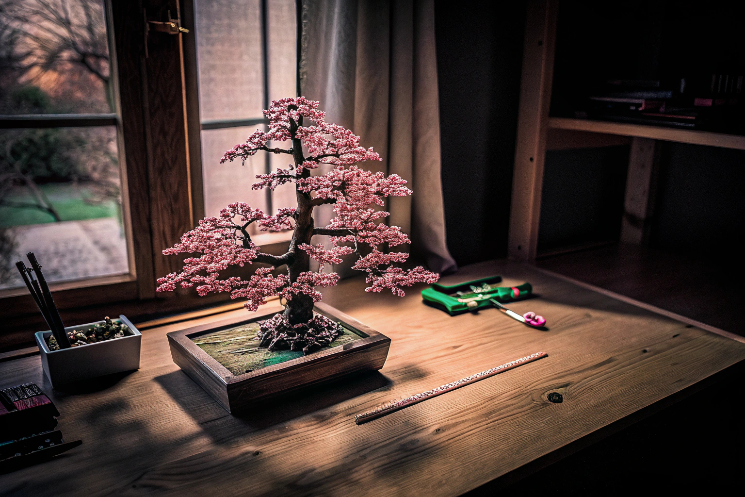Ein LEGO Bonsai Baum mit rosa Blüten, der auf einem Schreibtisch ausgestellt ist. LEGO Bonsai Baum